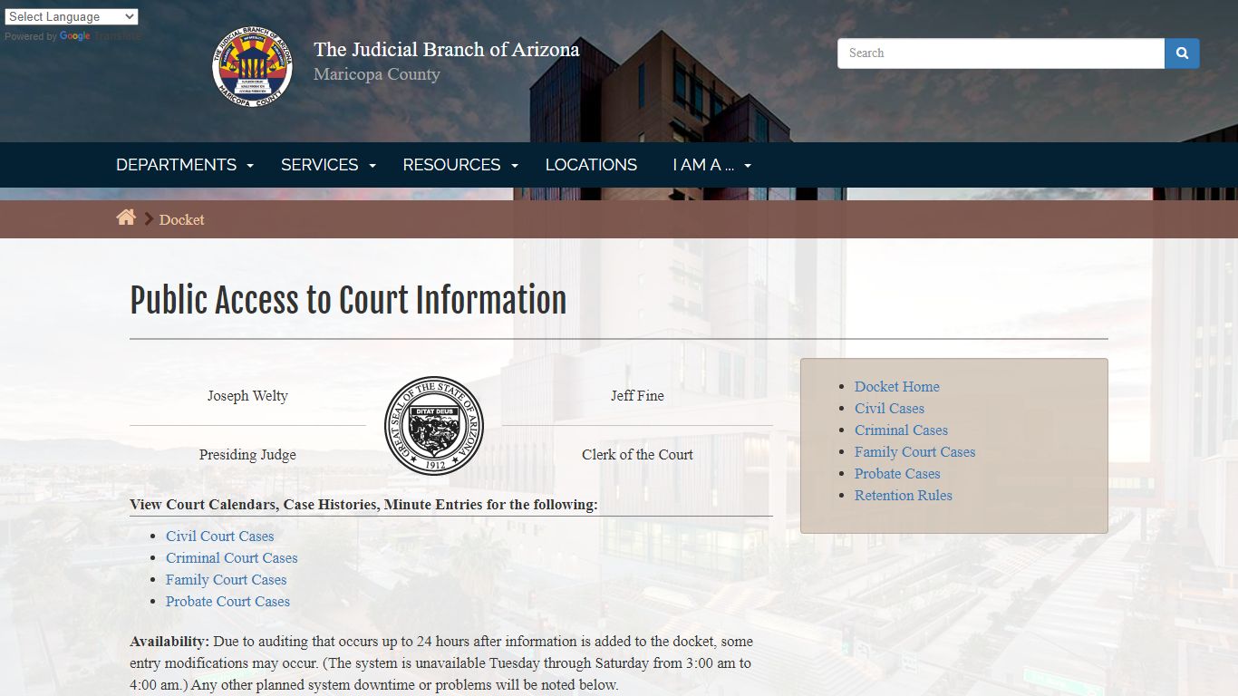 Docket: Public Access to Court Information - Maricopa County, Arizona